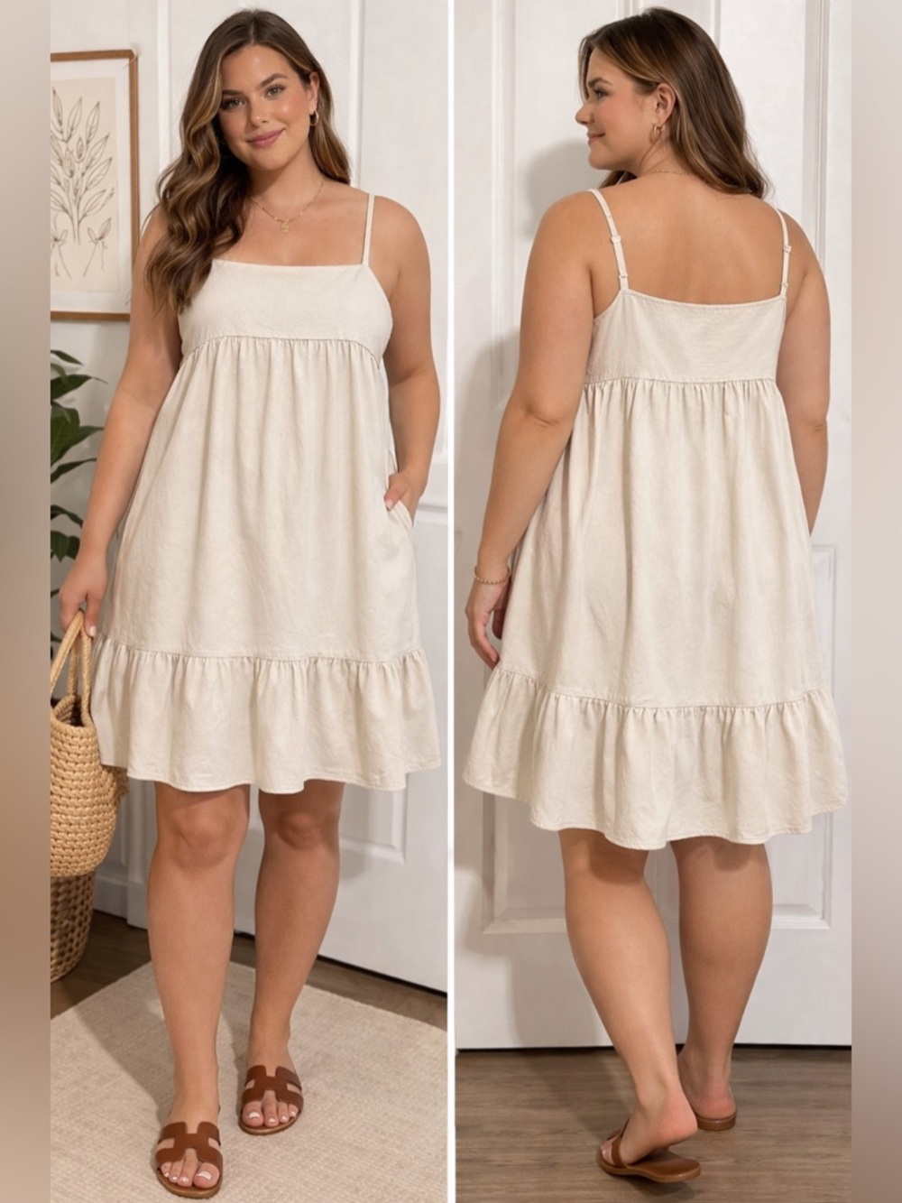 Uniqlo Linen Blend Tiered Mini Dress Cream Beige Strappy Boho Size 13 / M